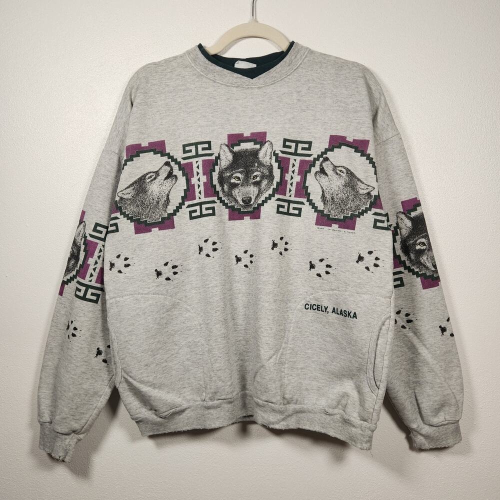 Vintage Wolf Wrap Around Crewneck Sweatshirt Nature Alaska 90s Art Unlimited LG